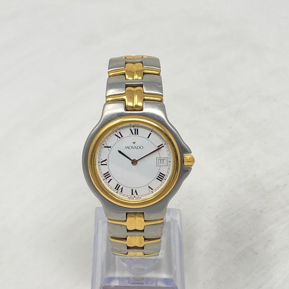 Movado Olympian Watch Men 36mm Silver Gold Tone Date 81.E2.887.2 New Battery 7" - Picture 3 of 14